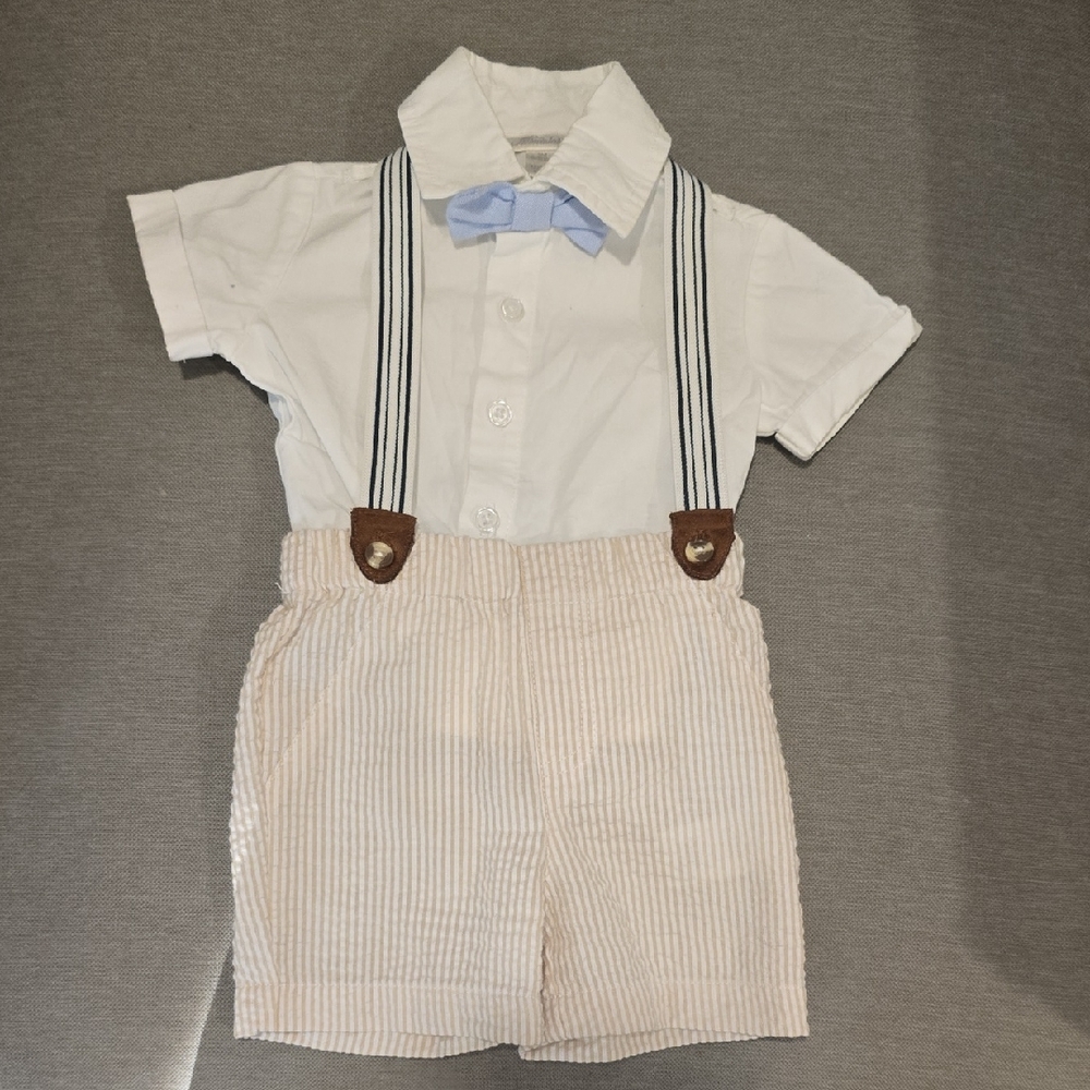 Kids White Shirt and Beige Striped Shorts with Suspenders